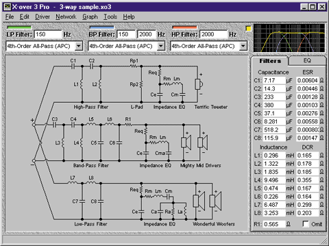 The X�over Pro main window with a 4th-order 3-way crossover network.